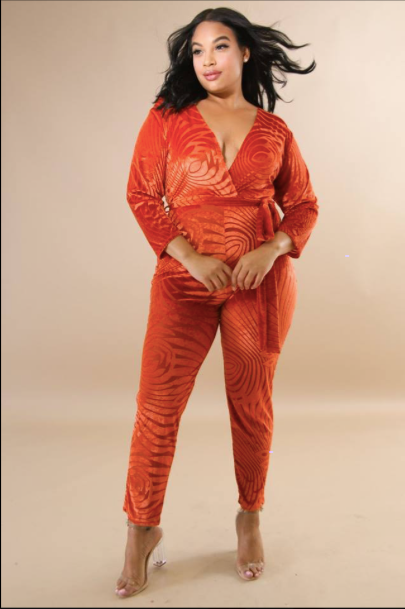 Plus size orange sued Jumpsuit by The Uncomparable 1